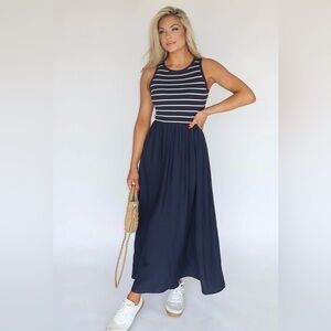 Navy and White Striped Sleeveless Maxi Dress